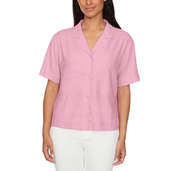 Buffalo Women's Linen Blend Button Front Shirt/Blouse, Short Sleeves Pink XL NWT - Picture 1 of 14